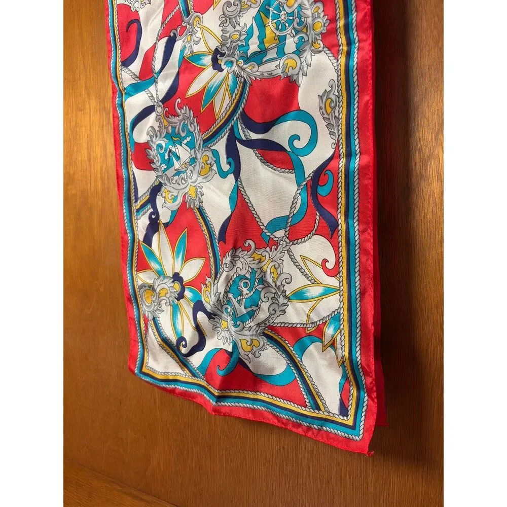 Vintage Nautical 100% Silk Scarf Red White Blue Made in Japan